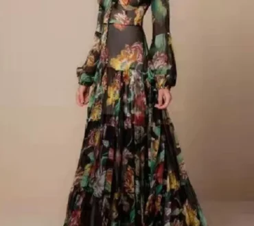 Women's Lantern Sleeve Retro Dress Long Sleeve Floral Printing Slim Stand Collar Elegant Shirring Vintage Button Dress