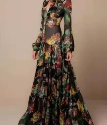 Women's Lantern Sleeve Retro Dress Long Sleeve Floral Printing Slim Stand Collar Elegant Shirring Vintage Button Dress
