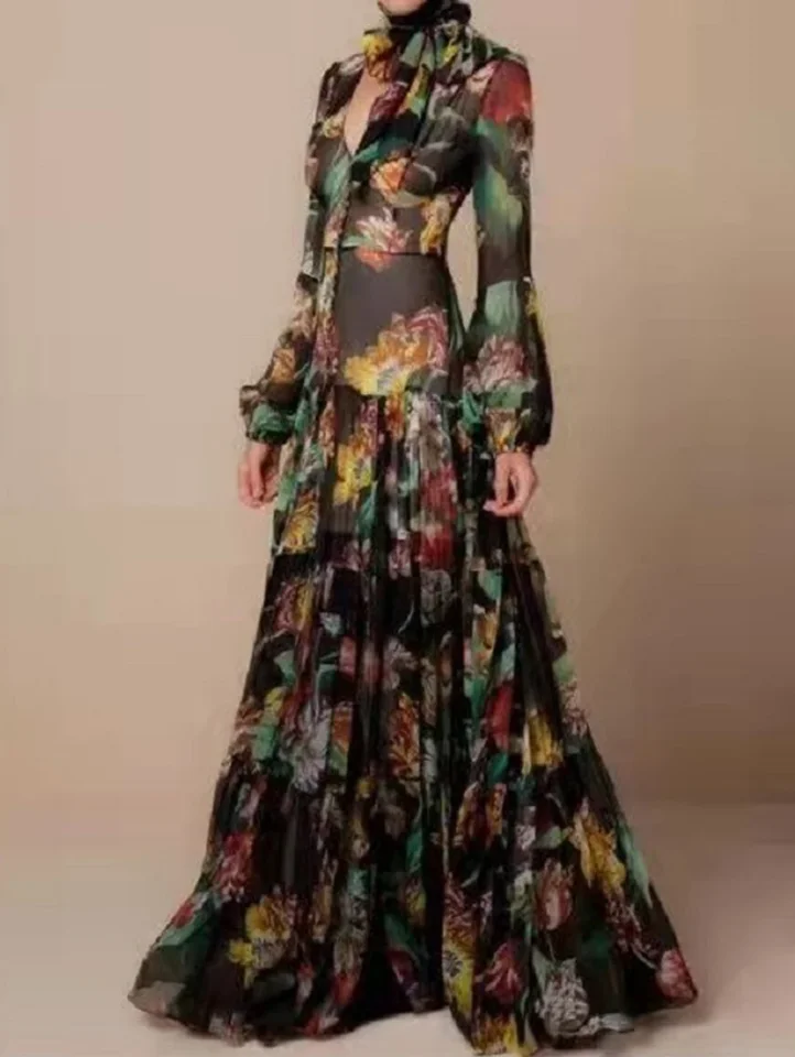Women's Lantern Sleeve Retro Dress Long Sleeve Floral Printing Slim Stand Collar Elegant Shirring Vintage Button Dress