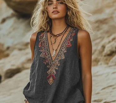 Women Floral-Print Ethnic Top Sleeveless Casual Retro Sexy V-neck Tank Tops Cotton-linen Imitation Loose-Fitting Top