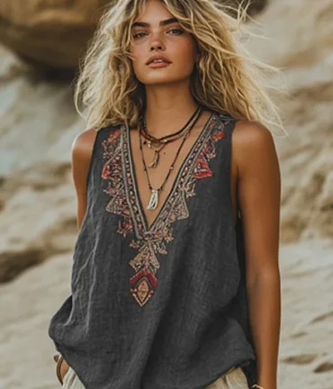 Women Floral-Print Ethnic Top Sleeveless Casual Retro Sexy V-neck Tank Tops Cotton-linen Imitation Loose-Fitting Top