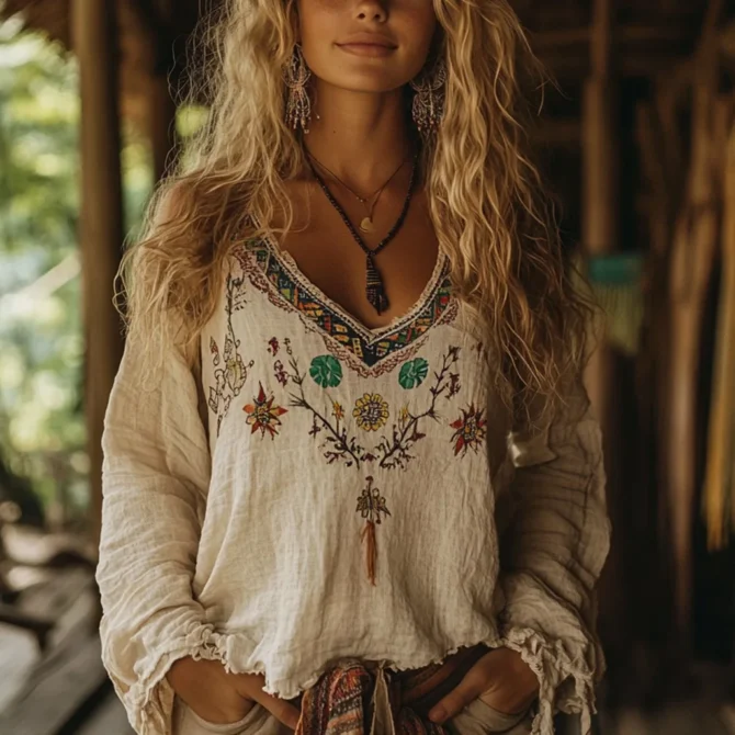 Women V-neck Ethnic Style Long-Sleeved Top Bohemian Vacation Retro Print Casual Blouse Shirt Vintage Blouse