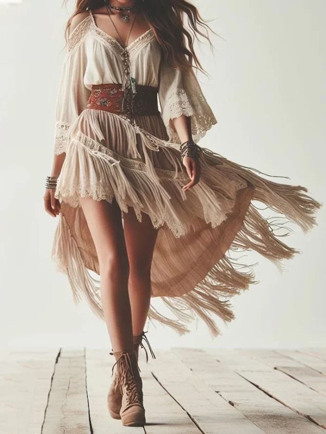 Cold Shoulder Fringe Ethnic Chic Midi Dress - Image 3