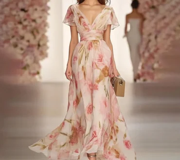 Ladies Short Sleeve Floral Print High Waist Holiday Dresses Elegant V Neck Lady Chic Evening Gown Bohemian Office Dress