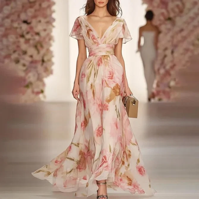 Ladies Short Sleeve Floral Print High Waist Holiday Dresses Elegant V Neck Lady Chic Evening Gown Bohemian Office Dress