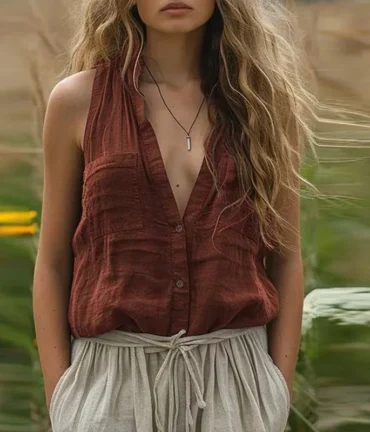 Retro Sleeveless T Shirt Women Casual V Neck Button Tee Female Casual Vest Women Tank Tops Female T-Shirts Vacation Women