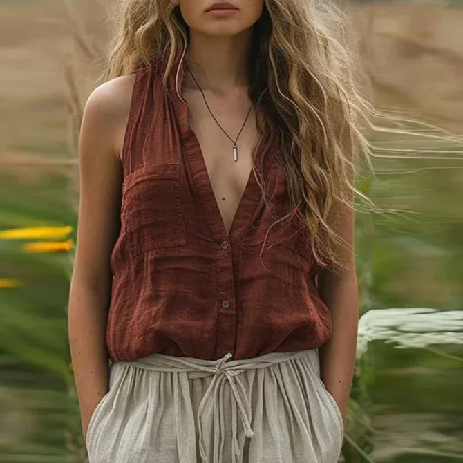 Retro Sleeveless T Shirt Women Casual V Neck Button Tee Female Casual Vest Women Tank Tops Female T-Shirts Vacation Women