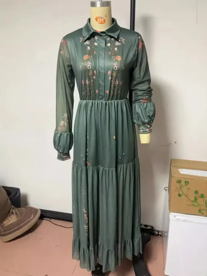 Ethnic Collar Buttons Long Sleeve Dress - Image 2