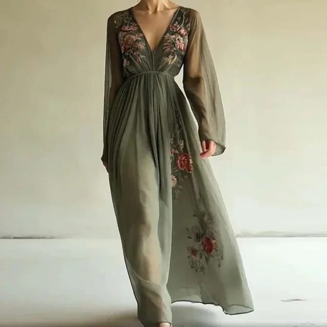 Vintage Floral Ethnic Lady Chic Evening Gown - Image 2