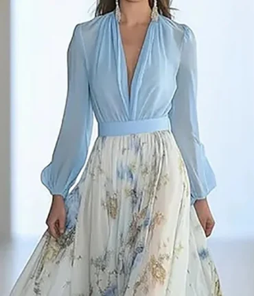 Patchwork Bohemian Puff Sleeve Maxi Dress