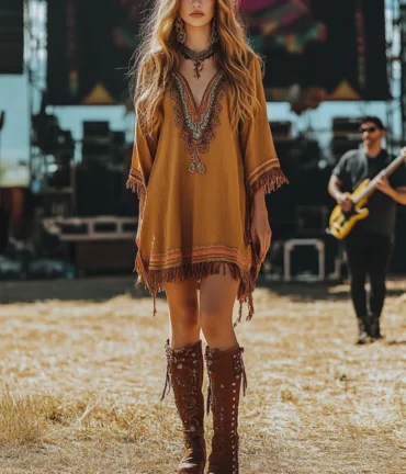 Ethnic Tassel Mini Dress Half Sleeve Vintage