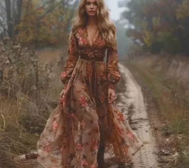 Sexy V-Neck Women Dress Floral Printed Ethnic Vintage Pleated A-Line Casual Boho Indie Folk Long Sleeve Dress