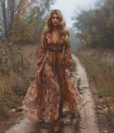 Sexy V-Neck Women Dress Floral Printed Ethnic Vintage Pleated A-Line Casual Boho Indie Folk Long Sleeve Dress