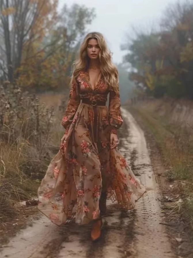 Sexy V-Neck Women Dress Floral Printed Ethnic Vintage Pleated A-Line Casual Boho Indie Folk Long Sleeve Dress
