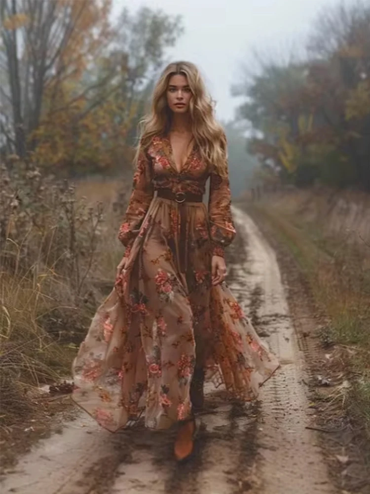 Sexy V-Neck Women Dress Floral Printed Ethnic Vintage Pleated A-Line Casual Boho Indie Folk Long Sleeve Dress