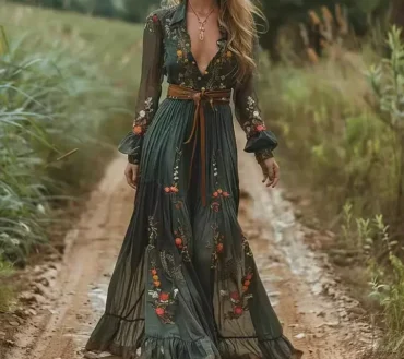 Ethnic Retro Floral Print Pleated Long Dress Sexy Shirt Collar Buttons Women Party Dress Fall Long Sleeve Maxi Dress