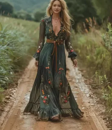 Ethnic Retro Floral Print Pleated Long Dress Sexy Shirt Collar Buttons Women Party Dress Fall Long Sleeve Maxi Dress