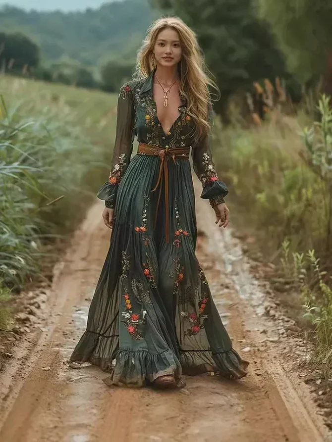 Ethnic Retro Floral Print Pleated Long Dress Sexy Shirt Collar Buttons Women Party Dress Fall Long Sleeve Maxi Dress