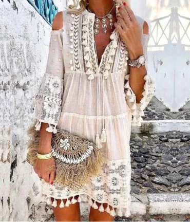 Embroidery Crochet Tassel Ruffle Mini Dress