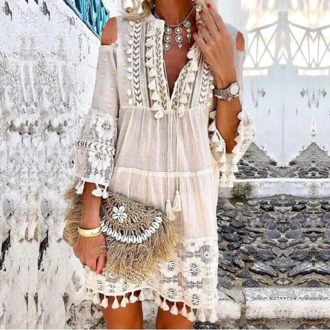 Embroidery Crochet Tassel Ruffle Mini Dress - Image 2