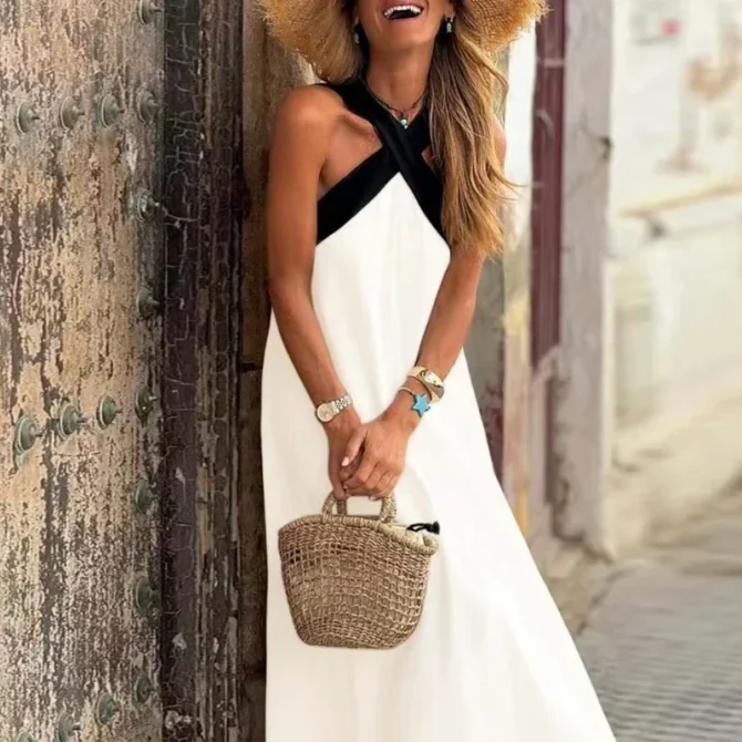 Vintage Women Sexy Hollow Shoulder Contract Color Maxi Dress Elegant Sleeveless Backless Halter Slim Party Dresse