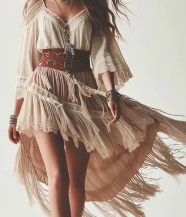 Women's Dress Cold Shoulder V Neck Lace Fringe Ethnic Chic Elegant Irregular Hem Indie Folk Sweet Midi Dress