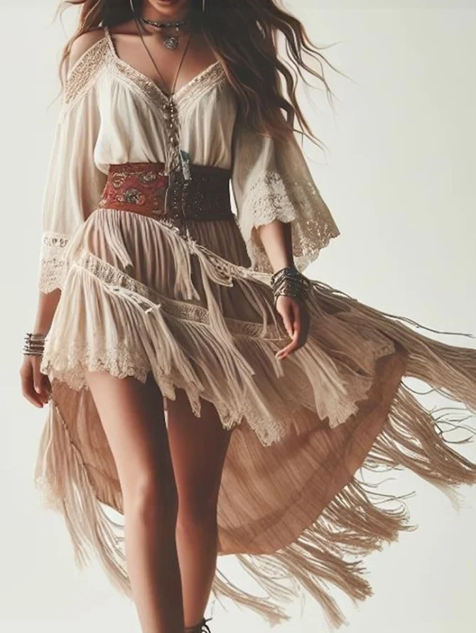 Women's Dress Cold Shoulder V Neck Lace Fringe Ethnic Chic Elegant Irregular Hem Indie Folk Sweet Midi Dress