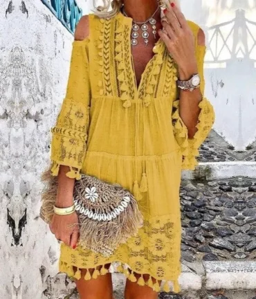 Embroidery Crochet Tassel Ruffle Mini Dress