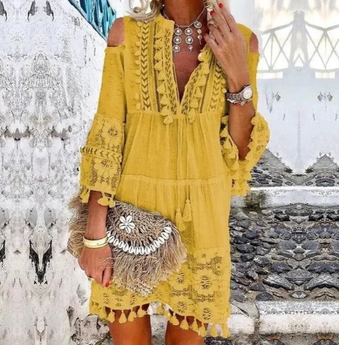 Embroidery Crochet Tassel Ruffle Mini Dress - Image 3