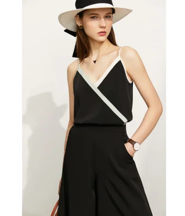 Minimalism New Fashion Holiday Style Spliced V-neck Vest For Women Basics Tops Female Tanks & Camis