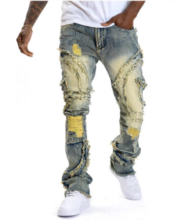 Cross-border European And American Men's Ripped Micro-tassel Stretch