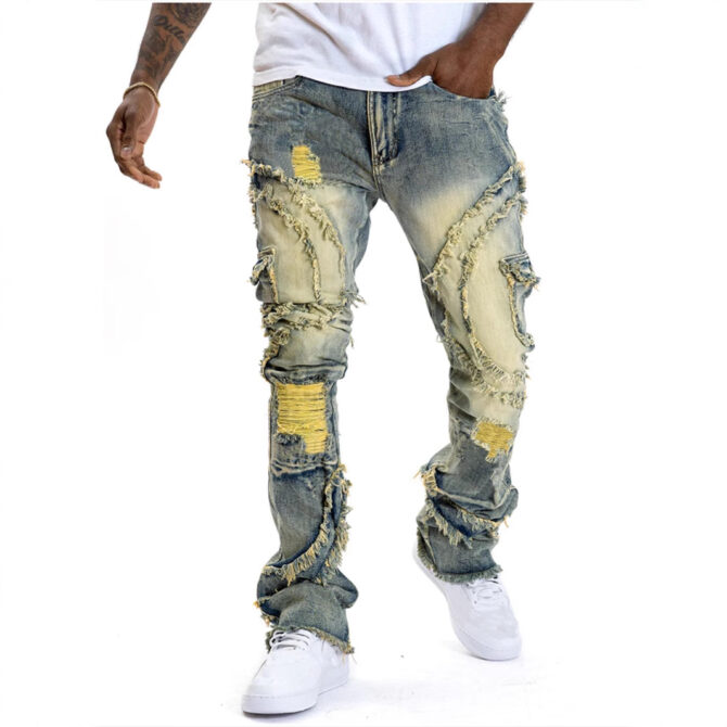 Cross-border European And American Men's Ripped Micro-tassel Stretch