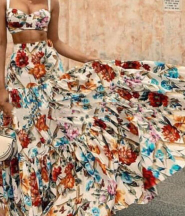 Cross-border New European And American Women's Clothing Sexy Temperament Strap Printing Dress Suit Beach Dress Two-piece Suit