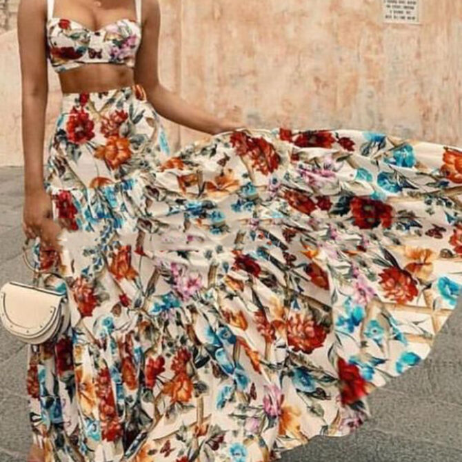 Cross-border New European And American Women's Clothing Sexy Temperament Strap Printing Dress Suit Beach Dress Two-piece Suit