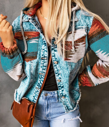 Aztec Frayed Hem Denim Jacket