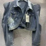 Diamonds Peals Beading Short Denim Coat Women Korean Fashion High street Slim Bubble Long Sleeve Jean Jacket