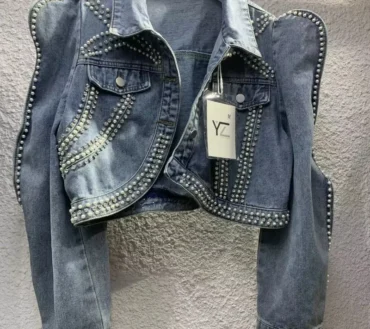 Diamonds Peals Beading Short Denim Coat Women Korean Fashion High street Slim Bubble Long Sleeve Jean Jacket