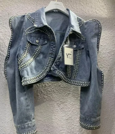 Diamonds Peals Beading Short Denim Coat Women Korean Fashion High street Slim Bubble Long Sleeve Jean Jacket