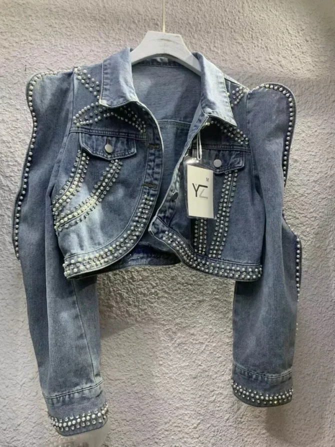 Diamonds Peals Beading Short Denim Coat Women Korean Fashion High street Slim Bubble Long Sleeve Jean Jacket