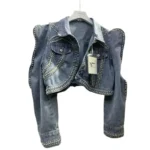 Diamonds Peals Beading Short Denim Coat Women Korean Fashion High street Slim Bubble Long Sleeve Jean Jacket