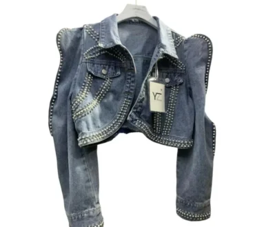 Diamonds Peals Beading Short Denim Coat Women Korean Fashion High street Slim Bubble Long Sleeve Jean Jacket