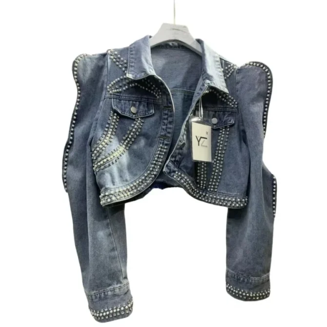 Diamonds Peals Beading Short Denim Coat Women Korean Fashion High street Slim Bubble Long Sleeve Jean Jacket