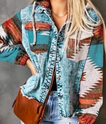 Aztec Frayed Hem Denim Jacket
