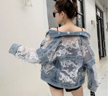 Spliced Lace Short Jeans Jackets Women