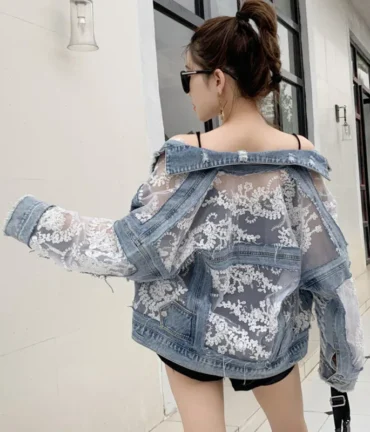 Spliced Lace Short Jeans Jackets Women