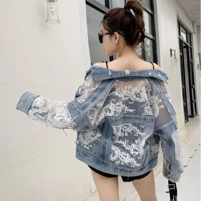 Spliced Lace Short Jeans Jackets Women