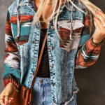 Multicolor Aztec Print Frayed Hem Denim Jacket