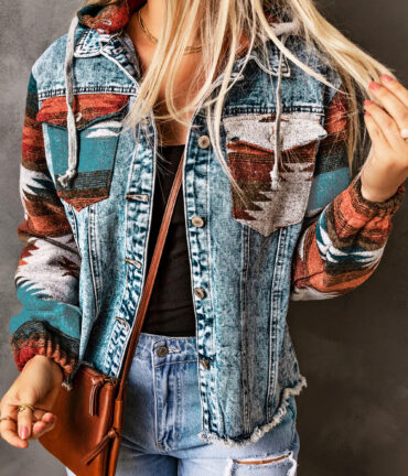 Multicolor Aztec Print Frayed Hem Denim Jacket
