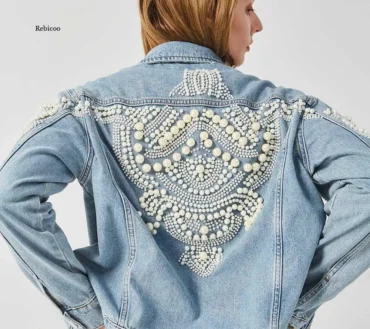Bead Embellished Denim Jacket Cotton Coat Bomber Jacket Vintage Jacket Coat Pearl Outwear