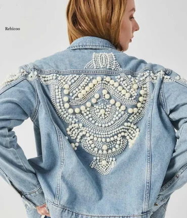Bead Embellished Denim Jacket Cotton Coat Bomber Jacket Vintage Jacket Coat Pearl Outwear